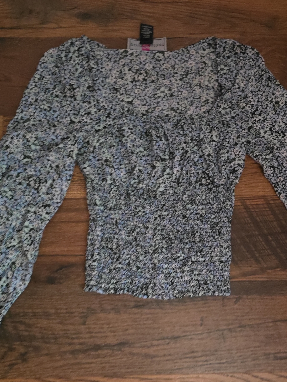 Floral Smocked Long-Sleeve  Top - Black/White